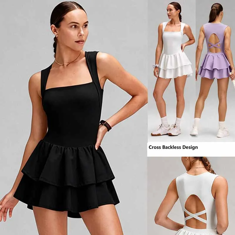 Women Ruffle Tennis Dress with Bra and Shorts Ladies Backless Athletic Dresses Breathable Slim Workout Golf Cake Mini Skirts