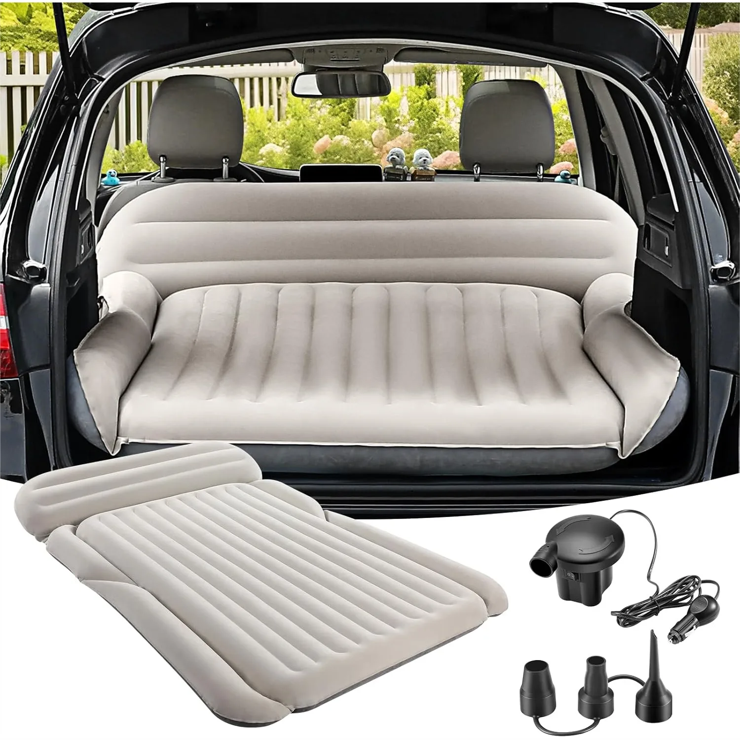 

SUV Air Mattress Thickened Double Flocking Camping Sleeping Pad Portable Inflatable Travel Bed with External Pump and 2 Pillows