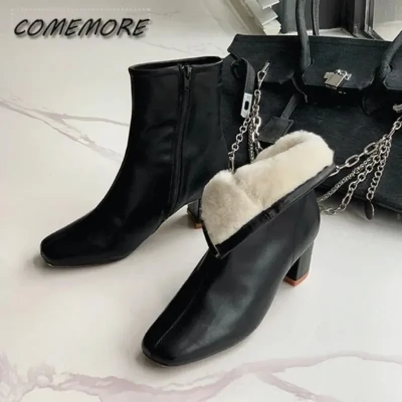 Winter Warm Plush Women Ankle Boots Fashion Zippers Elegant Thick High Heel Shoes Street Style Keep Warm Ladies Short Boot Beige