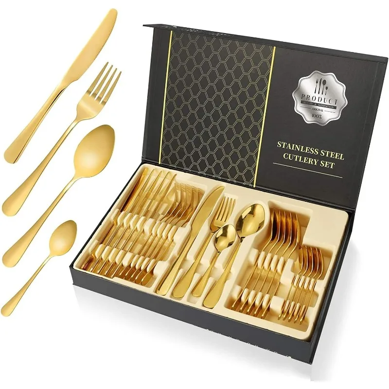 24-Piece Black/Gold Silverware Set with Steak Knives Forks Spoons ,Tableware Cutlery Set Service for 6, Utensil Sets for Kitchen