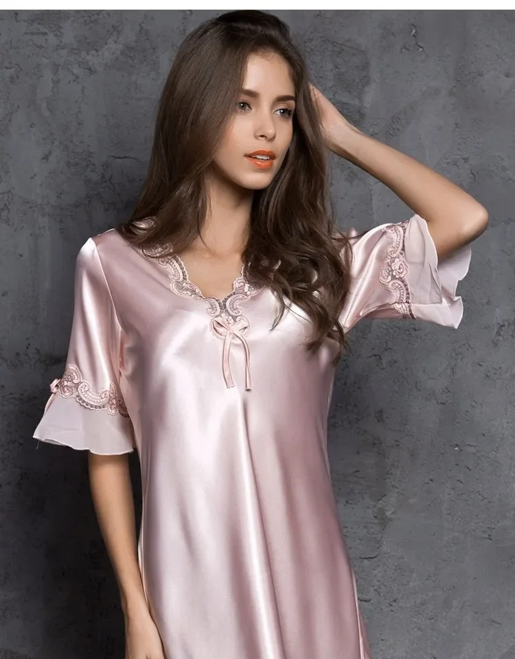 Imitation silk pajamas dress ladies ice silk nightdress mid-sleeve elegant women home wear