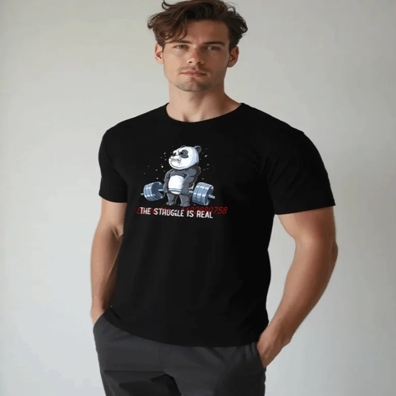 Panda The Struggle Is Real Weightlifting Fitness Gym Funny Graphic Tees Summer New Shirts And T-Shirts Cotton Mens Print T Shirt