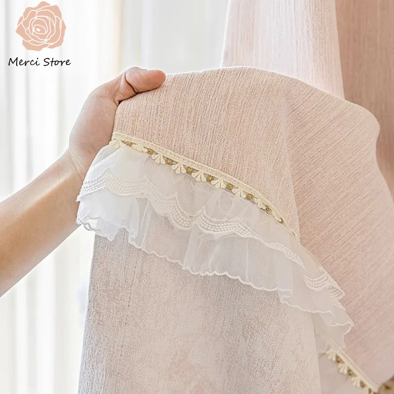 

Luxury French Pink Princess Style Blackout Curtain for Bedroom High End Modern Simple Splicing Custom Window Drapes