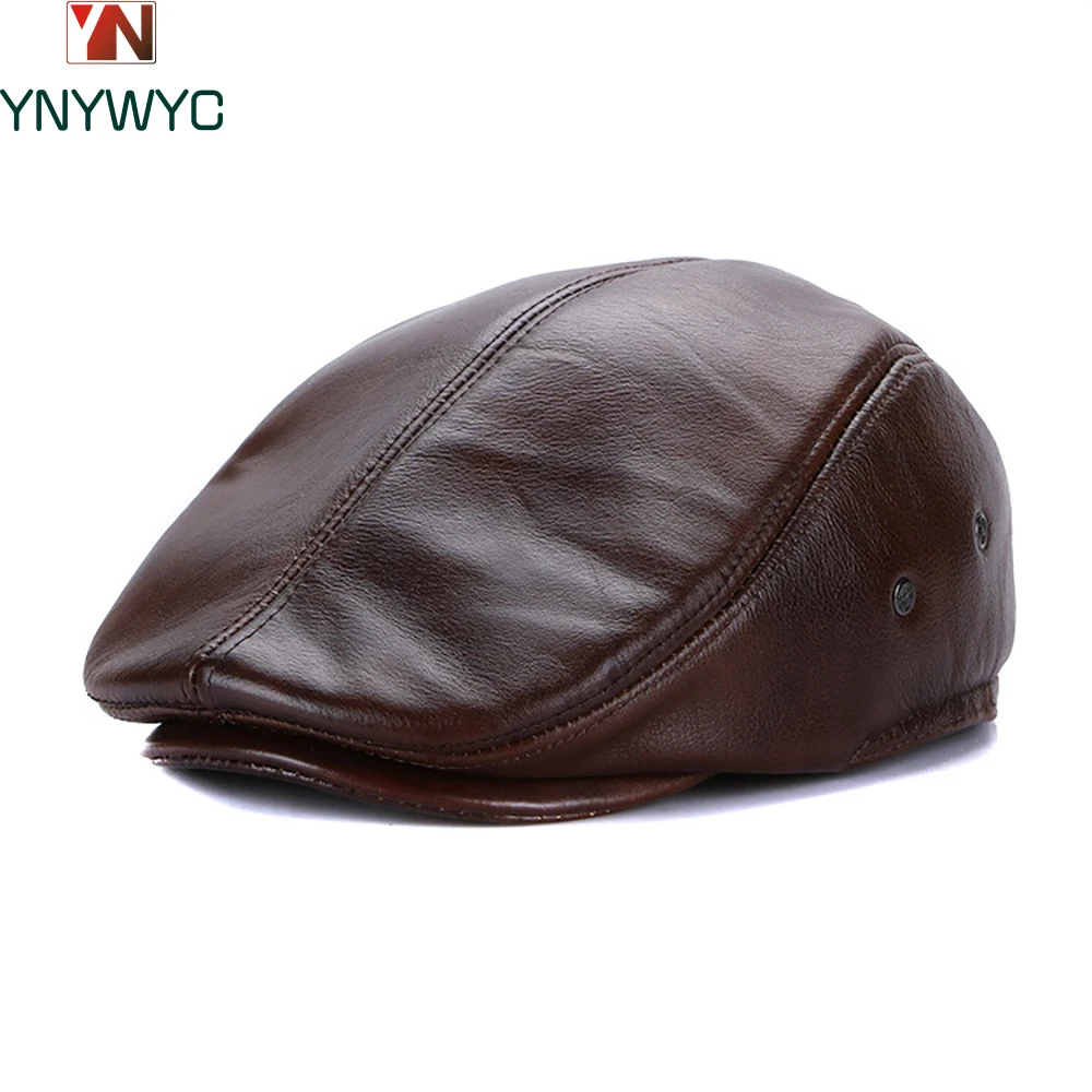 

Lvy Male Ear Flaps Thicker Genuine Cowhide Leather Solid Classic Driving Cap Winter Flat Caps Beret Men Black Warm Duckbill Hat