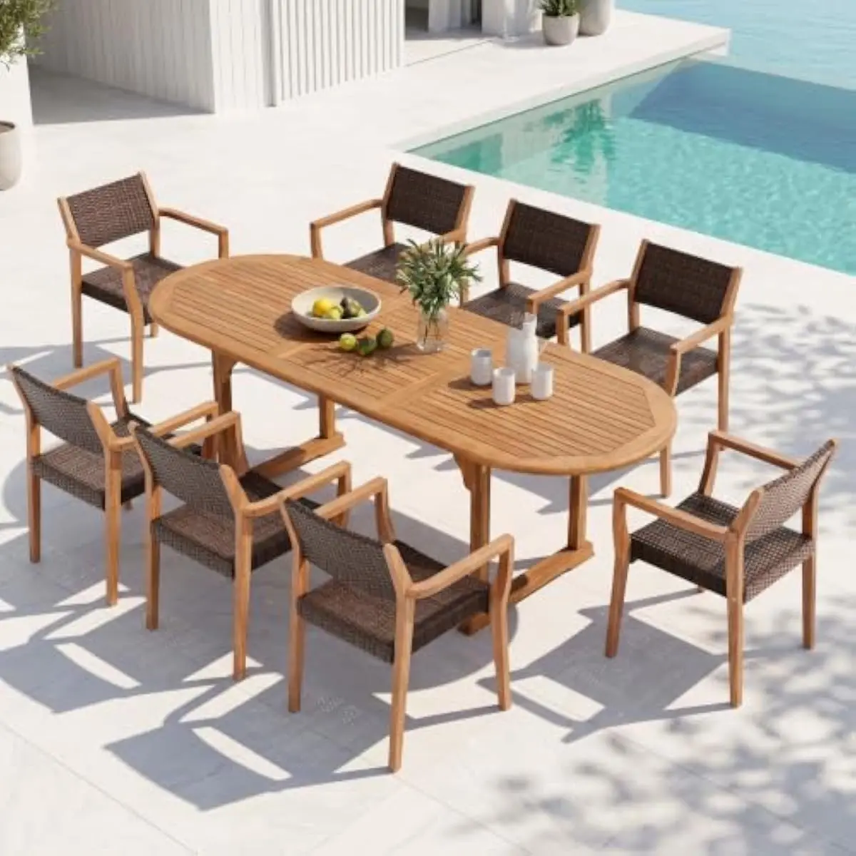 Outdoor dining ensemble for eight persons featuring extendable acacia wood rectangular table with rustic charm and weather-resis