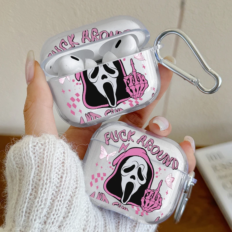 

Gothic Ghost Face Print Case For AirPods 4/3/2/1 Earphone Case with Carabiner, Airpod Pro2/Pro3 Pink Skeleton Protective Cover