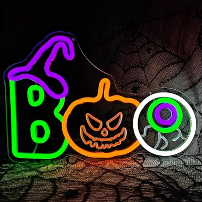 Halloween Witch's Hat Boo Pumpkin Neon Sign Dimmable Boo Lights for Wall Decor for Bedroom Window Party Light Up Gift