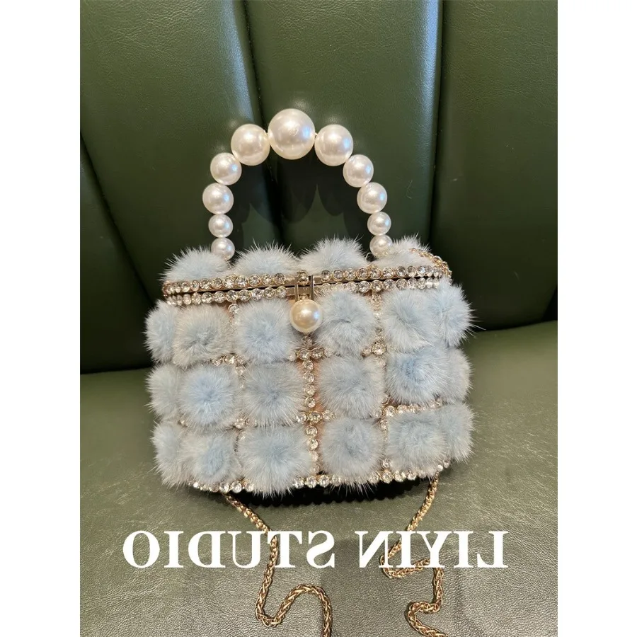 

【New style】- metal pearl mink hairy vegetable basket bucket bag banquet shiny diamond bird cage handheld backpack