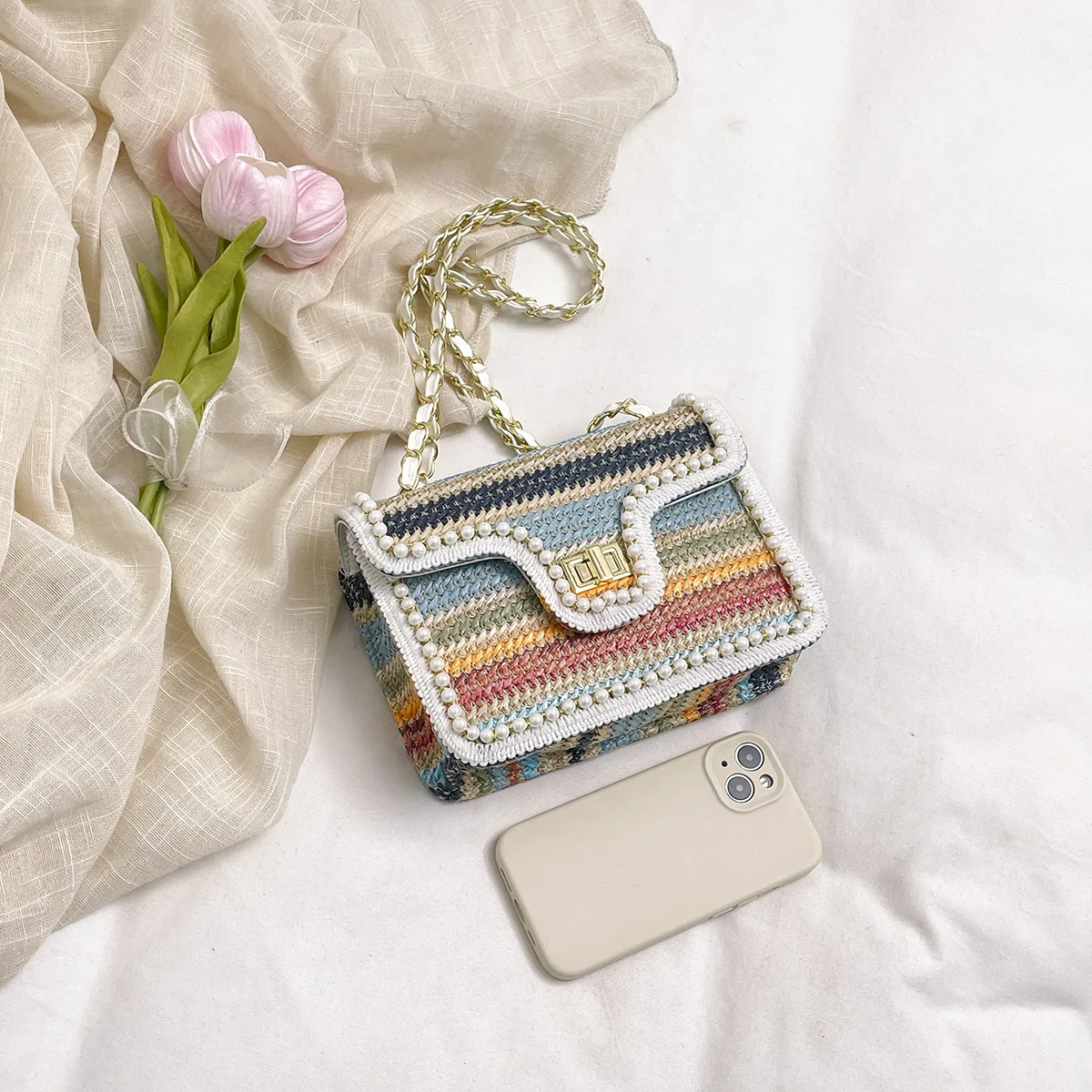 القش المنسوجة حقيبة أزياء شعبية مشبك سلسلة حقيبة عطلة الشاطئ المنسوجة لؤلؤة حقيبة الكتف Crossbody #5