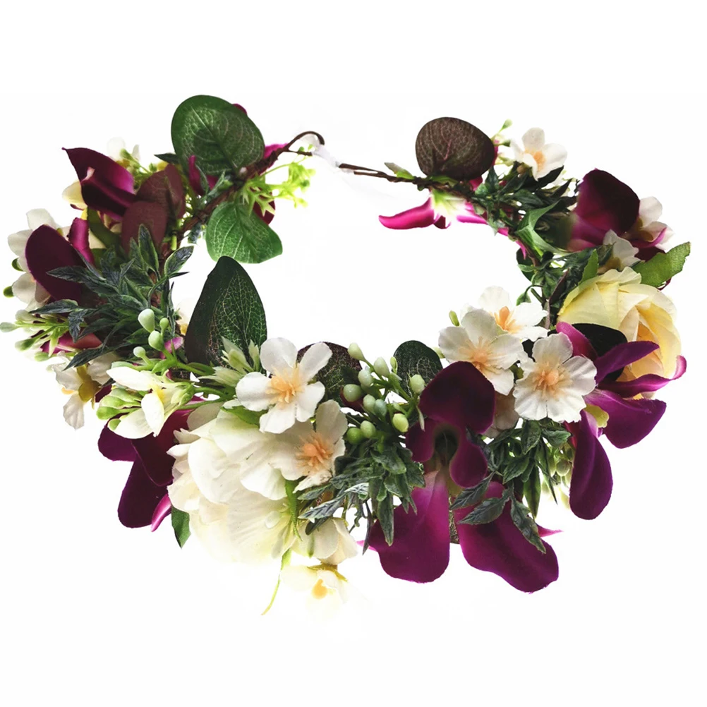 

Orchid Flower Headdress Garland Wreath Wedding Bride Headband Girl Floral Hair Crown Bridal Accessories Bright Color Elegant
