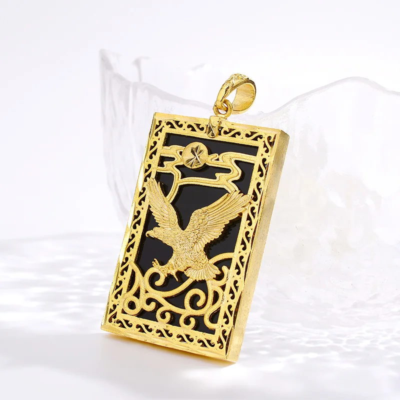 AU999 gold pendant frosted necklace 24K pure gold mens grand ambition obsidian eagle pendant mens necklace