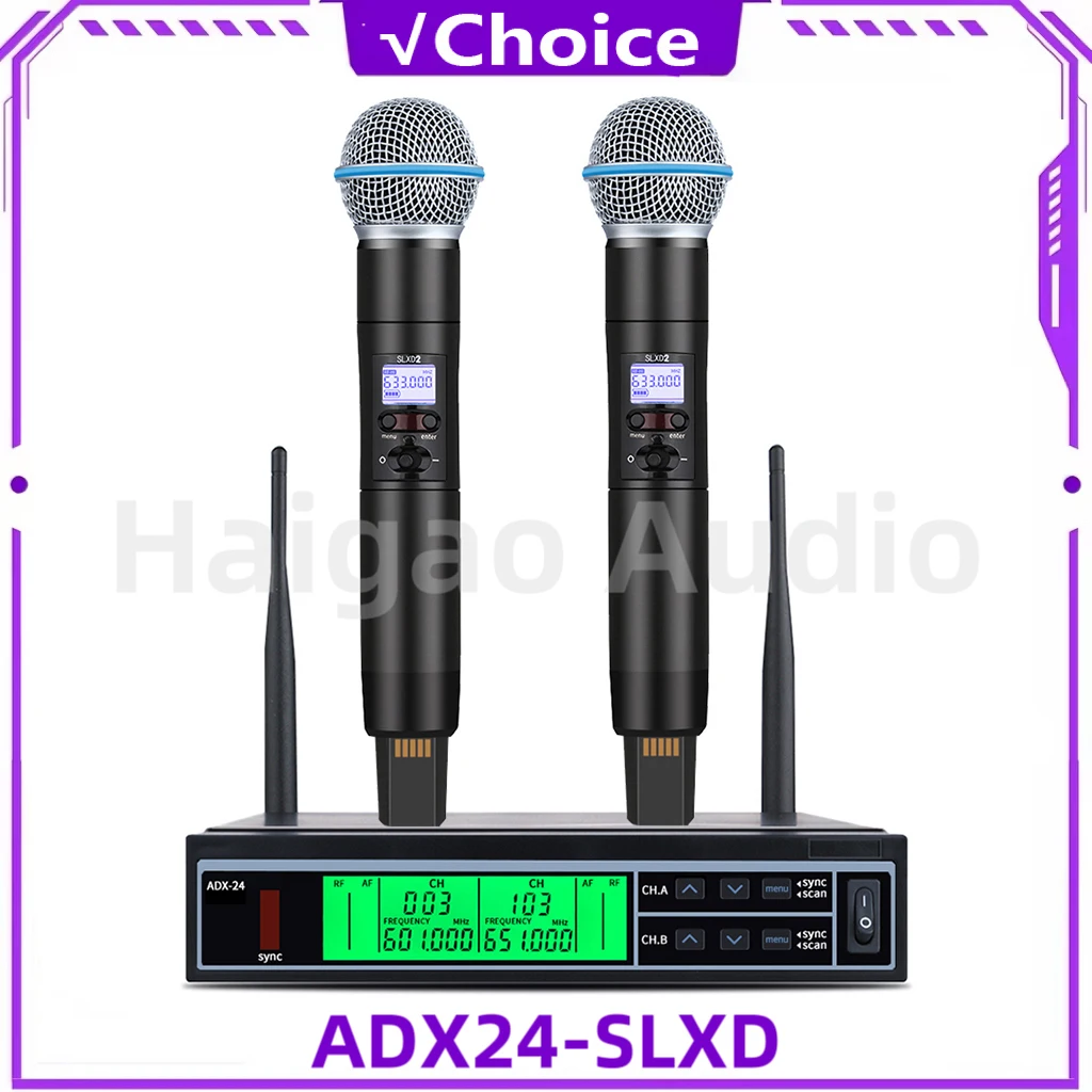 

Профессиональный беспроводной микрофон ADX-SLXD 600 МГц, высококачественный, UHF, металлический, ручной, двухканальный, для вечеринок, караоке, церковного пения