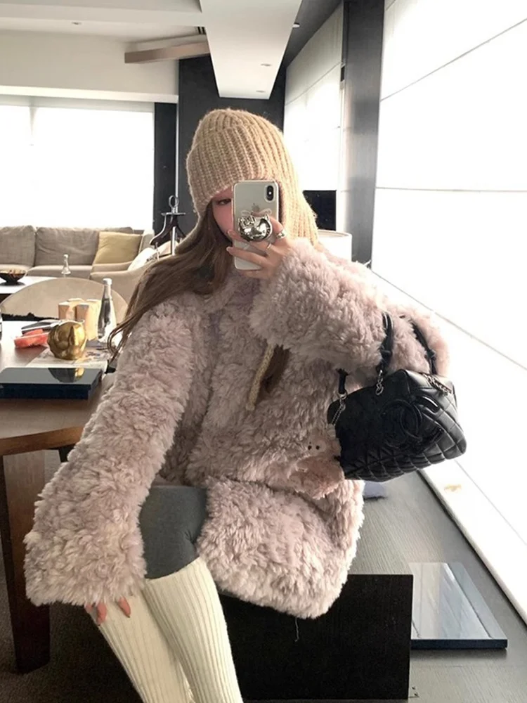Eco-Friendly Women's Winter Jaet Lamb Fur Inteated Fur Coat Warm Fluffy Exterior mat Sle Medium-Length Outerwear