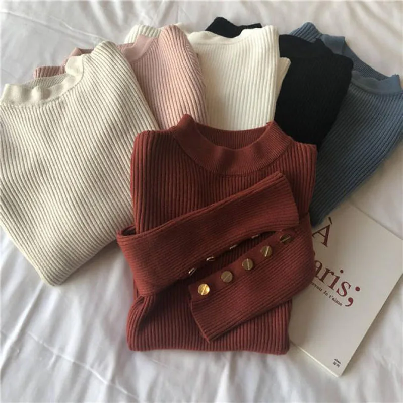 

2024 New Long Sleeved Knitted Bottoming Top Women's Button Slim Short Tops Spring Autumn Fashion Round Neck Thin Sweater