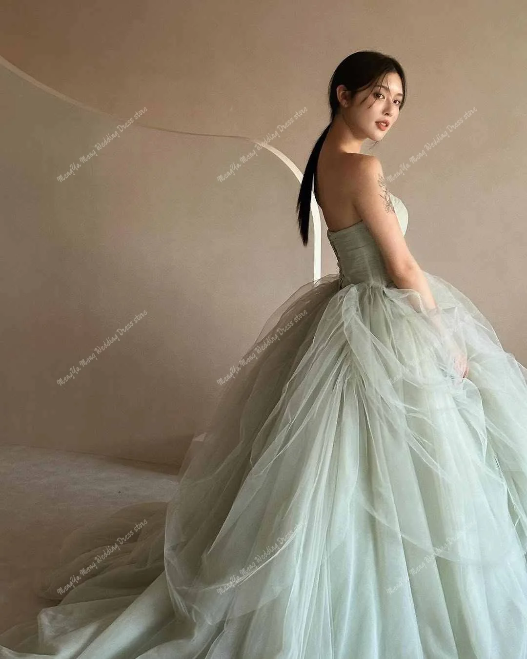 Simple Mint Green Korea Evening Dress A-line Strapless Puffy Tulle Wedding Dresses Photo Shoot Customized Corset Bridal Gown