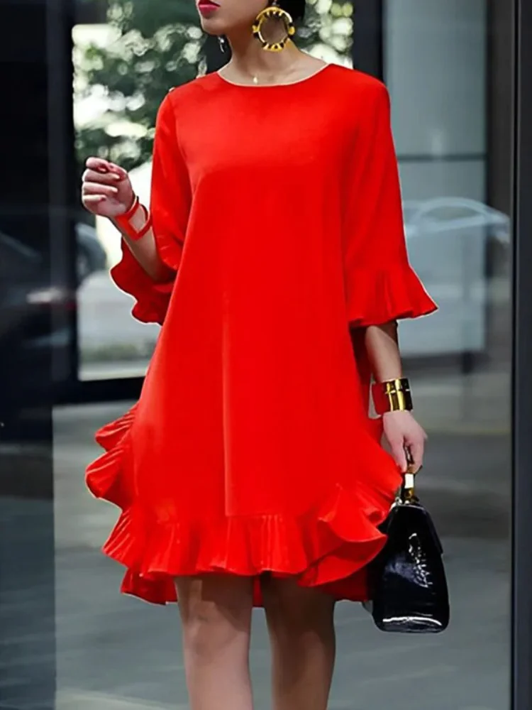 Freeacy Solid Red Ruffled Dress 2024 Summer Casual Loose Fit Round Neck Half Sleeve Knee Legth Dress for Women Streetwear Dress