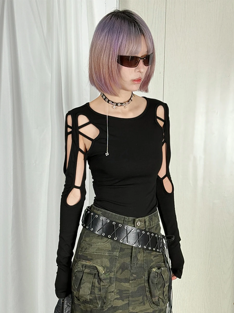 

Женская футболка с вырезами и сетчатыми вставками, удлиненный рукав, весенняя коллекция