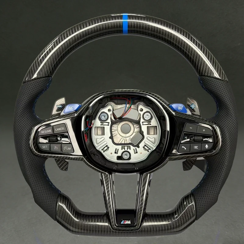 For BMW CS with Black Carbon Fiber Racing Wheels Flat Bottom with Customizable Stitching Color for BMW G-series Upgrades to CS