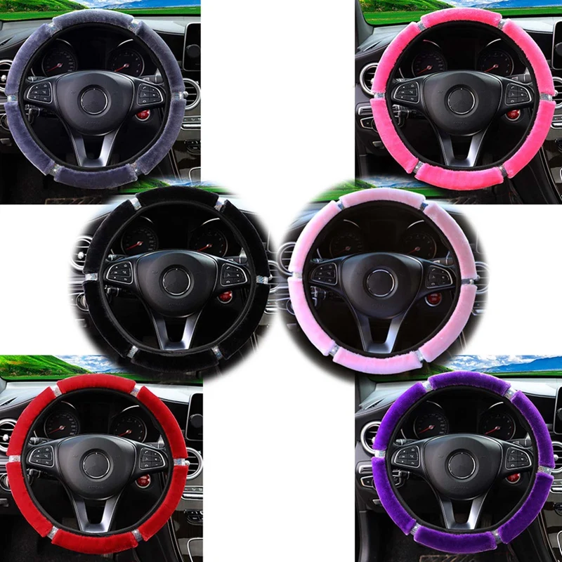 Car Steering Wheel Cover Gearshift Handbrake Cover Protector Decoration Warm Soft Plush Rhinestone Black Pink Women Man