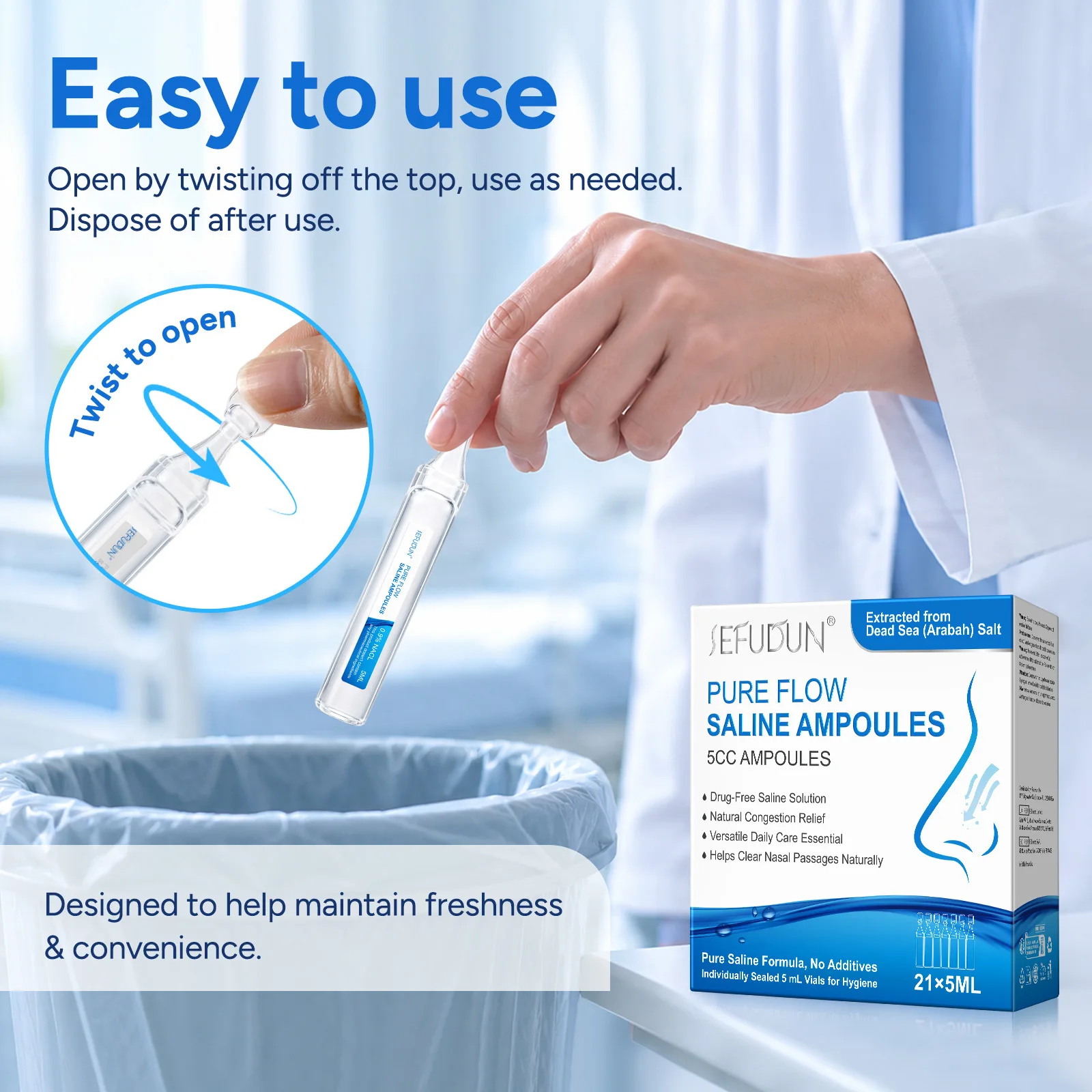 0.9% Sea Salt Nasal Cleansing Care Saline Nasal Rinse Solution 21pcs 5mL Tubes Daily Nose cleaner Wash liquid Nasopharyngeal - view 3