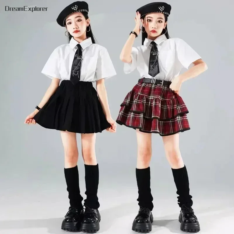 Hip Hop Girls Shirt Street Dance K-pop Plaid Tiered Skirts Kids School Uniforms Streetwear Children Jazz Costumes Clothes Sets