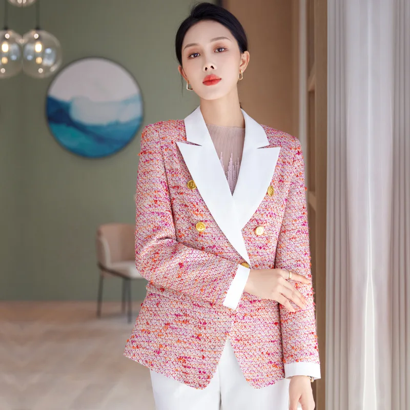 High quality wool blend blazer for women jacket double breasted autumn winter 2023 elegant fashion clothes - red