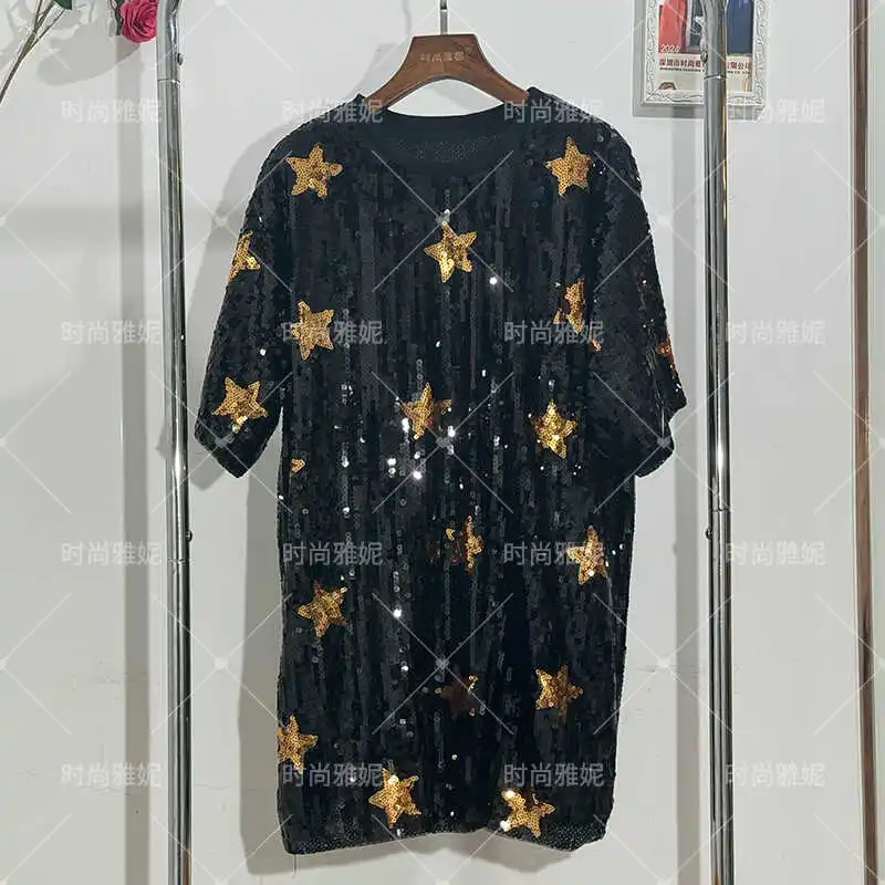 New Five-Pointed Star Sequin T-shirt Short Sleeves Vestidos Loose Oversized European Style Mid-Length Heavy Industry Dress Women