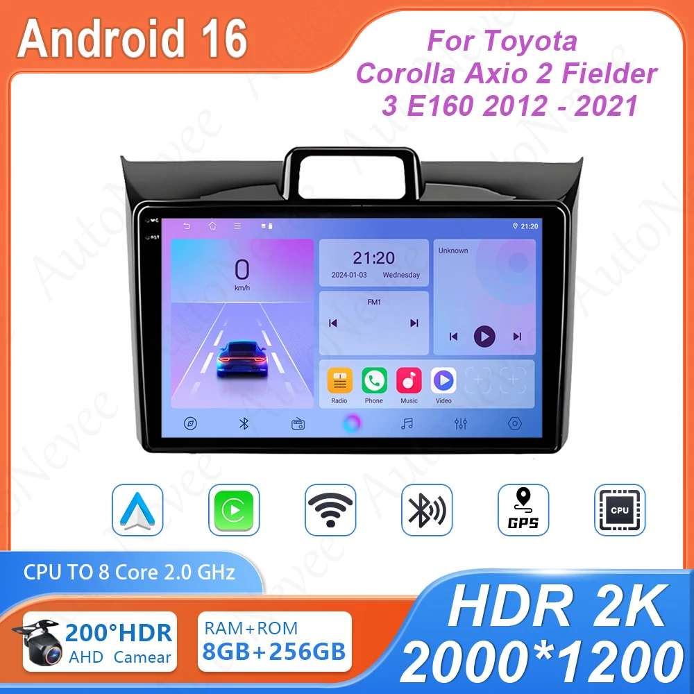 

Android For Toyota Corolla Axio 2 Fielder 3 E160 2012 - 2021 Car Dvd Auto Radio Stereo Head Unit High-performance QLED Cam GPS