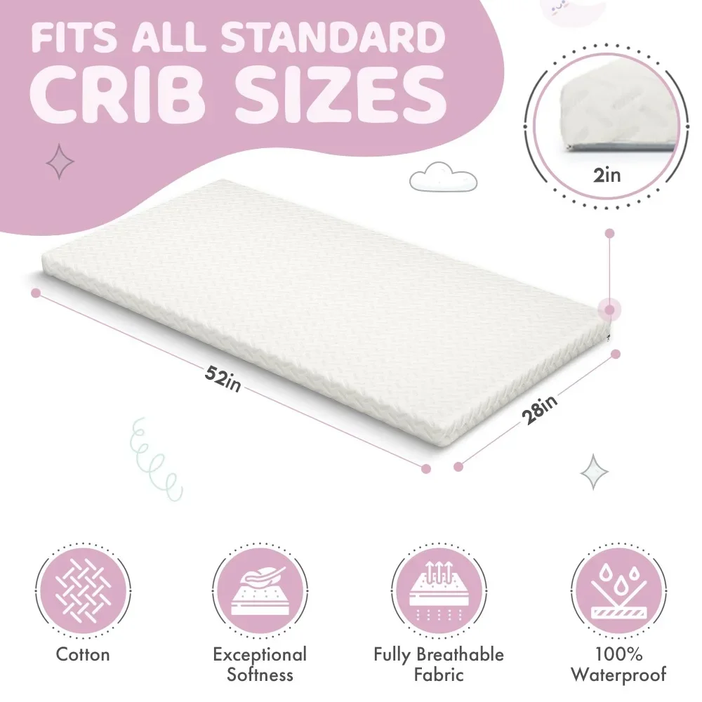 

2” Crib Mattress Topper Memory Foam - Waterproof Breathable Soft Washable Cover 52” x28” x 2” Fits Standard Size Cribs Bed
