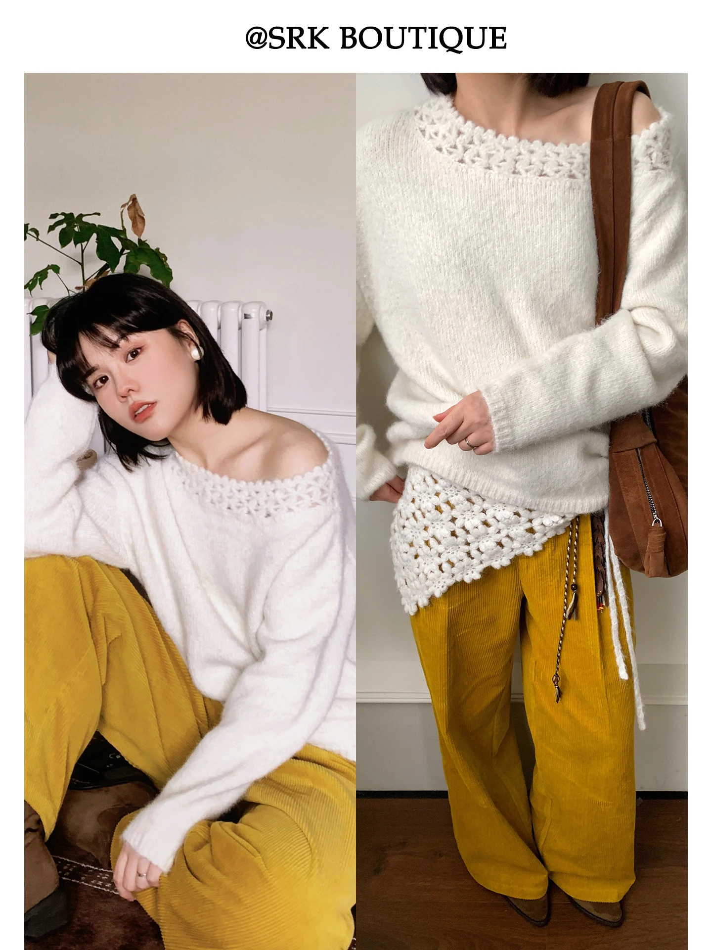 

Вязаный свитер ручной работы SRK с вырезами, женский, свободного кроя, универсальный, стройнящий, с открытыми плечами, повседневный, с длинными рукавами, топ