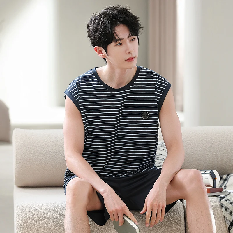 Big Yards L-4XL summer sleepwear men pajamas sets sleeveless striped tops +  short pants pajama suit vest male ice silk homewear