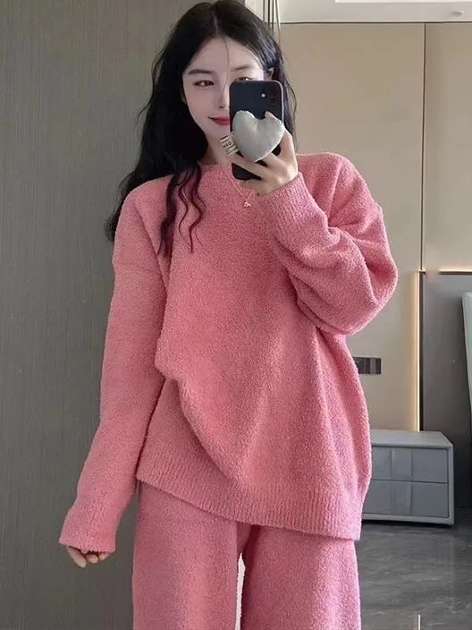 Korean Style Pure Color Fleece Lined Thick Coral Fleece Winter Sleepwear Women's Sweet Home Clothes Two Piece Set Pink
