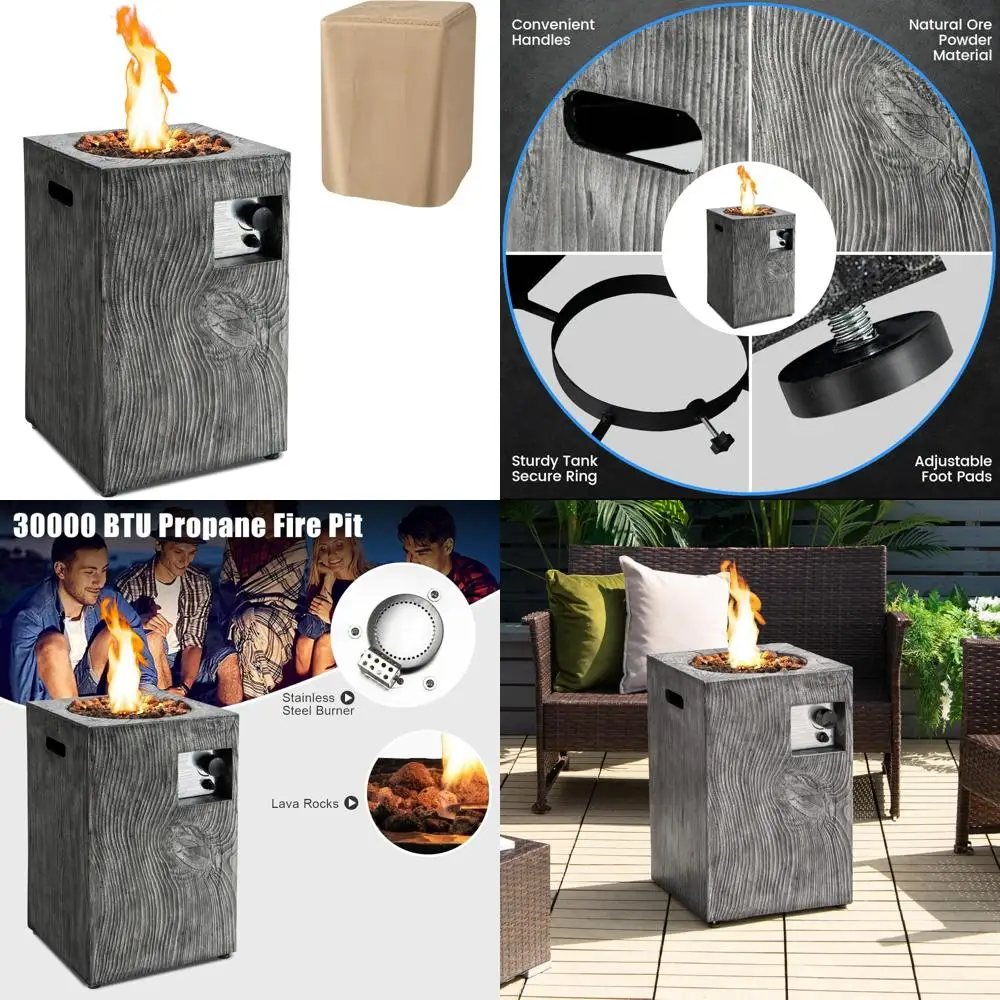 

16 Inch Outdoor Propane Fire Pit with Electronic Ignition and Protective Cover, Square Gas Fireplace, 30,000 BTU Output, Patio H