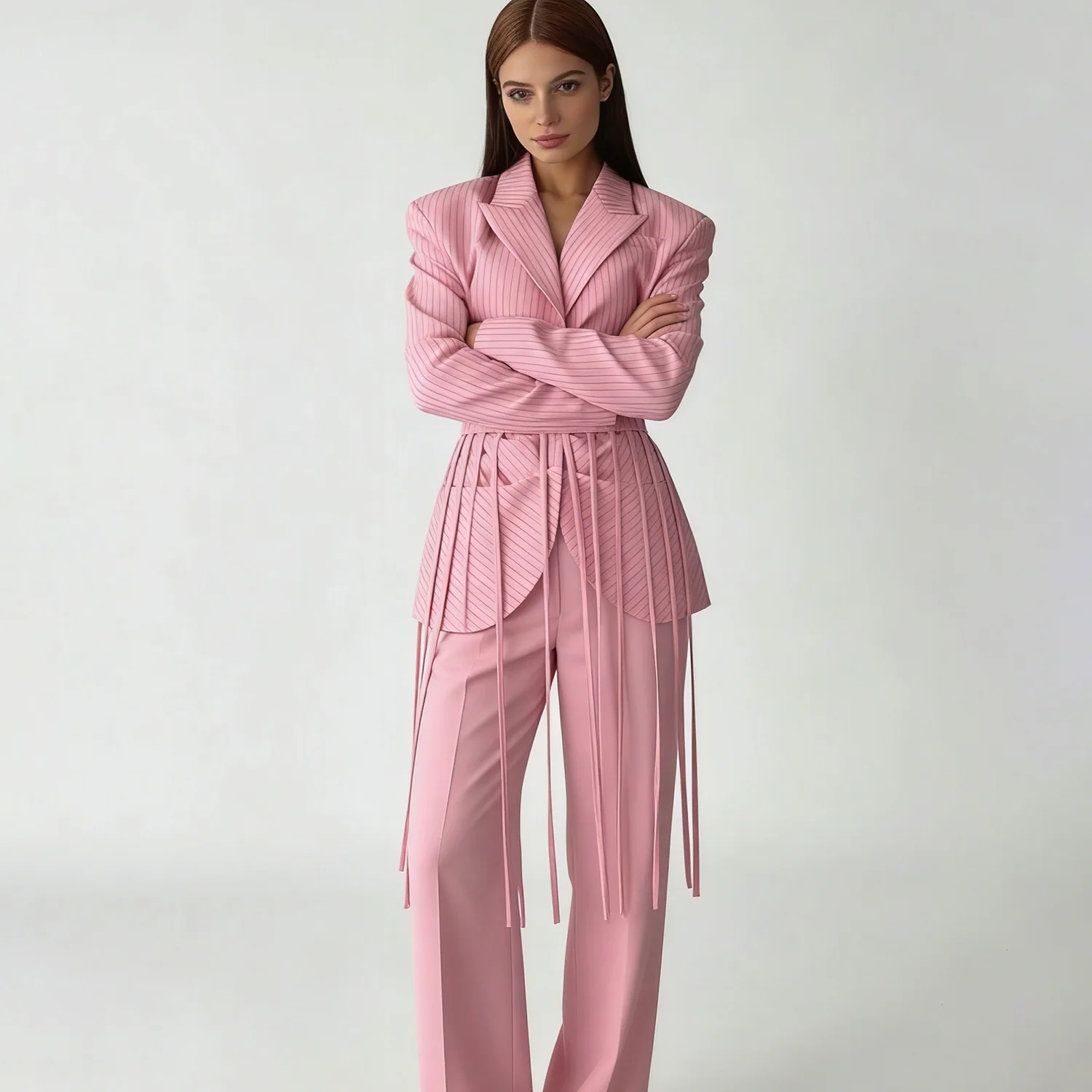 

LIMO stunning pink pinstripe blazer. Features a bold fringe hem & structured shoulders for a trendy,for office to evening events
