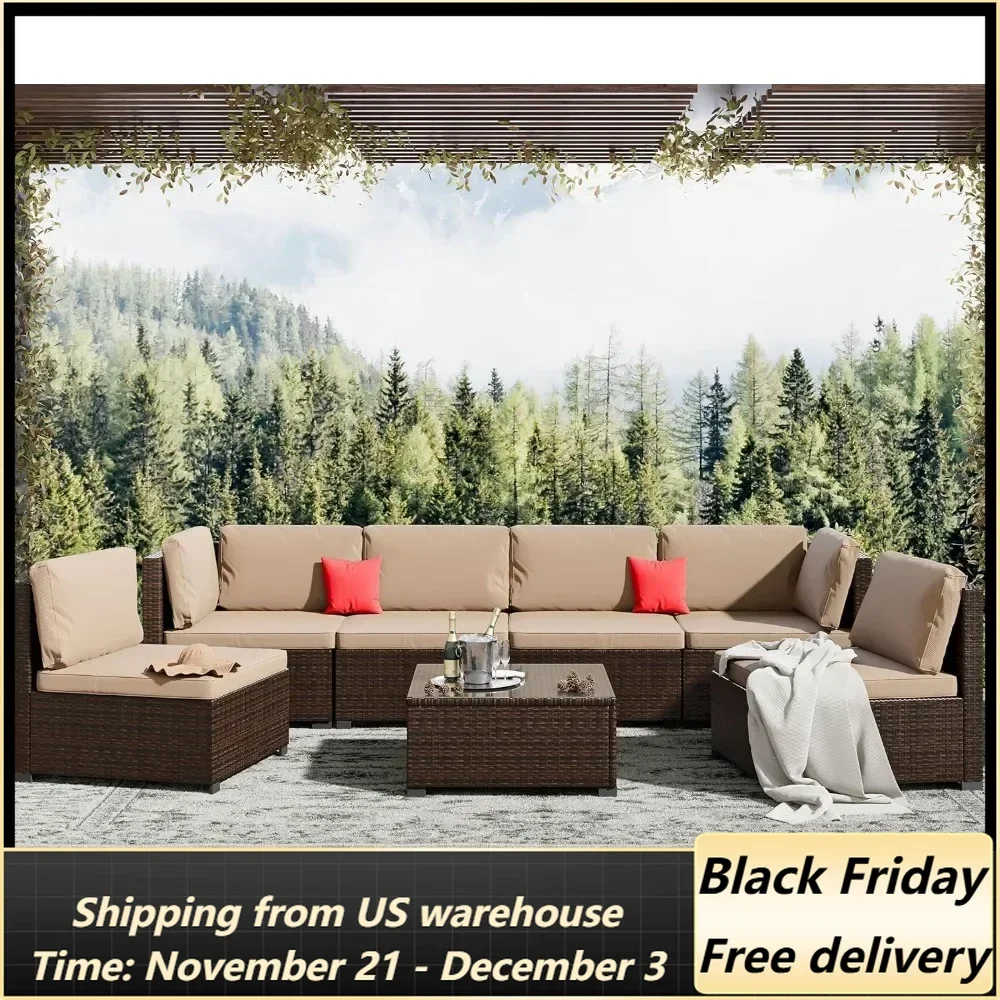 

Furniture Set, Outdoor Furniture Patio Sectional Sofa,Weather PE Rattan Outdoor Sectional with Beige Cushion and Glass Table