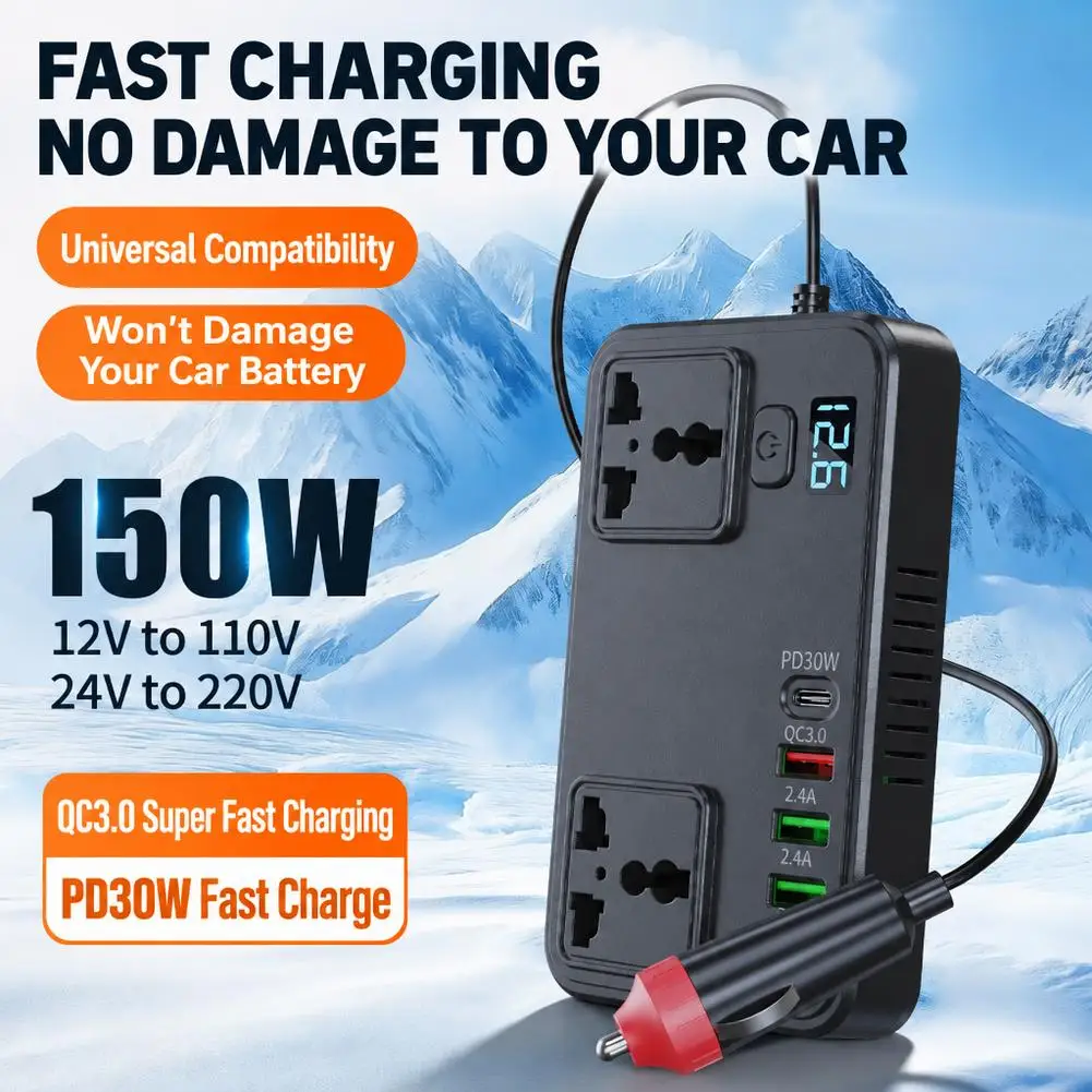 150W Car Power Inverter 12V 24V To 110V 220V Adapter Smart Digital Display PD Fast Charger Cigarette Lighter Outlet