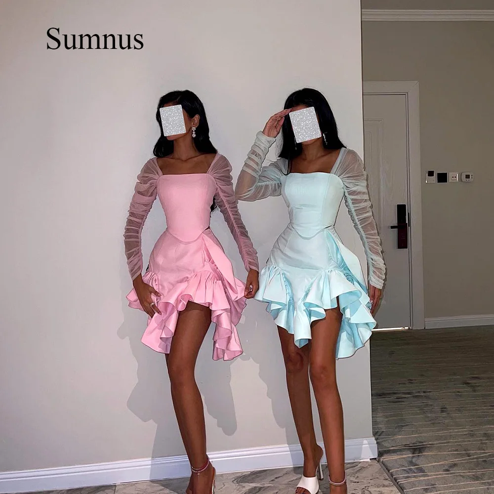 

Sumnus Sky Blue Pink Sexy Mini Party Dresses Strapless Tulle Long Sleeve Ruffles Satin Short Cocktail Prom Dress 2023