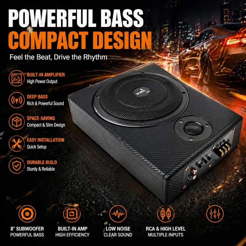 Subwoofer ultrafino de 800W, 8/10 polegadas, para instalação sob o banco, com amplificador embutido, RMS.150W, melhora a qualidade do som, áudio automotivo.