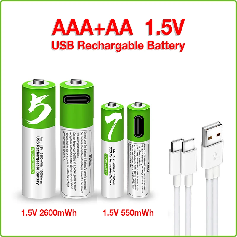 SMARTOOOLS 1.5V AA AAA 2600Mah 550Mah USB Rechargeable Li-ion Battery for Remote Control Wireless Mouse Toy+Type-C Cable Charger