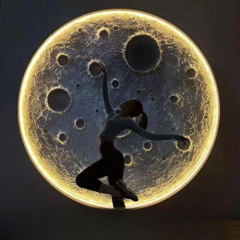 3D LED Moon Lamp Wall Sconce Tri-color Large round Hotel Foyer Decorative night Light Creative Background indoor Lighting