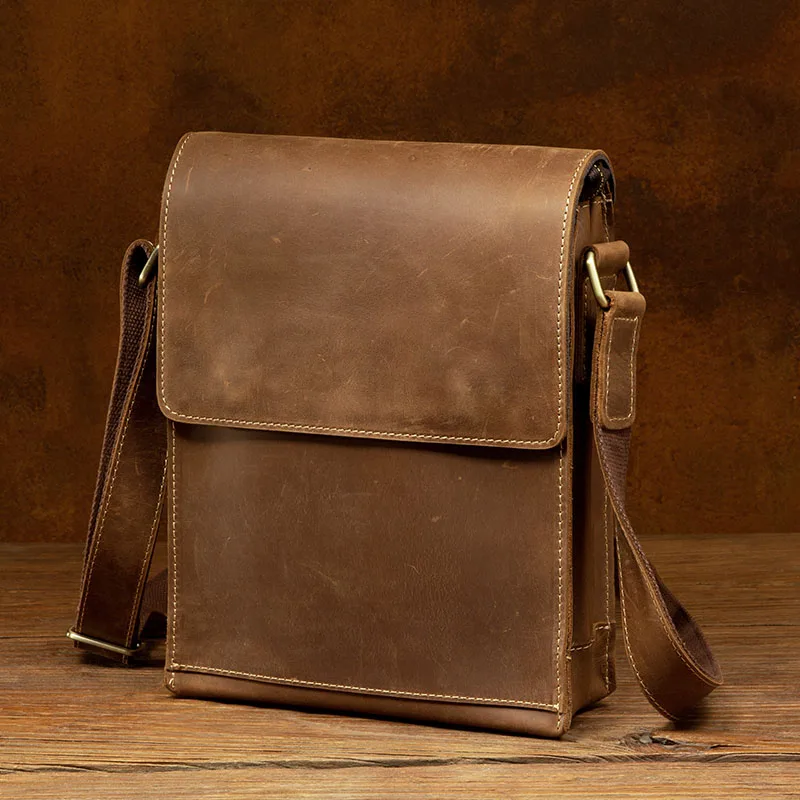 Slow Time Crazy Horse Leather Men's Shoulder Bag Crossbody Bag Vertical European and American Handmade Retro Style Casual Head L