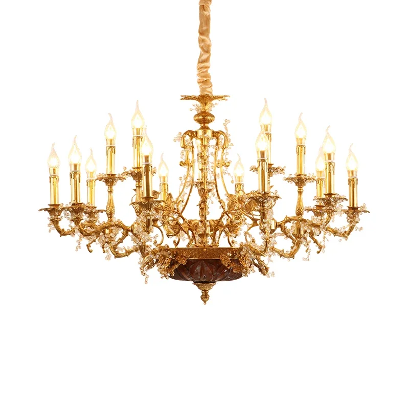 Luxury indoor brass and crystal high ceiling chandelier villa chandelier fancy candle shaped lamp