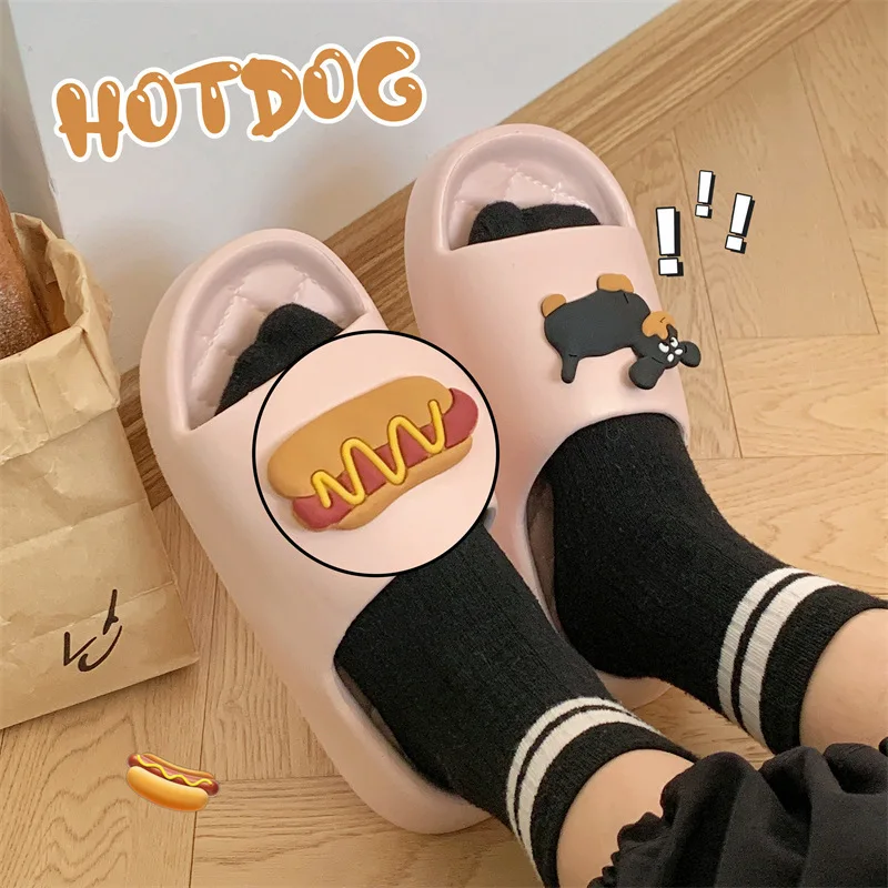 Couples Summer Slippers Kawaii Hot Dog House Shoes Platform Anti slip Bathroom Shower Men's Slippers Outdoor Beach Women's Shoes