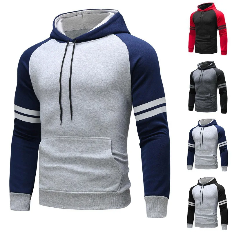 

2024 Autumn and Winter New Men's Sweater Hoodie Leisure Sports Fitness Contrast Men's Color Block Sweater Hooded Plush Pullover