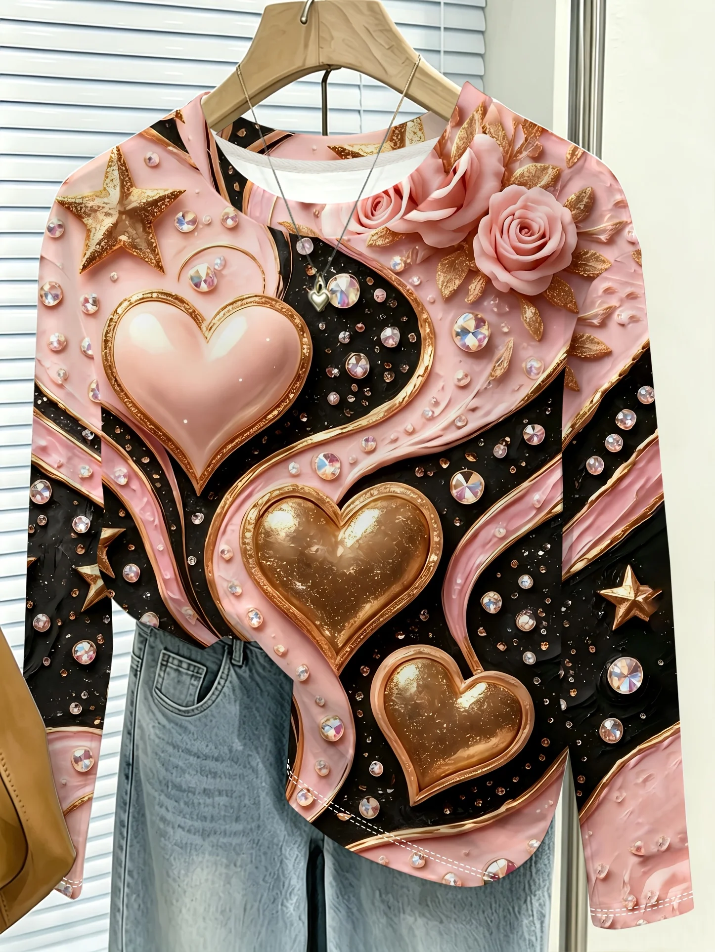 Women T‑Shirt Long Sleeve 3D Glitter Heart Rhinestone Wave Print Tees Female Wear Daily O‑Neck Fashion Basic Top Women's Clothes image 2