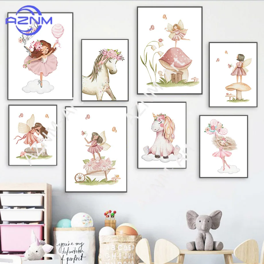 

Pink Fairy Tale Wall Art Set - Ballerina Unicorn Prints for Toddler Girls Bedroom Playroom Decor