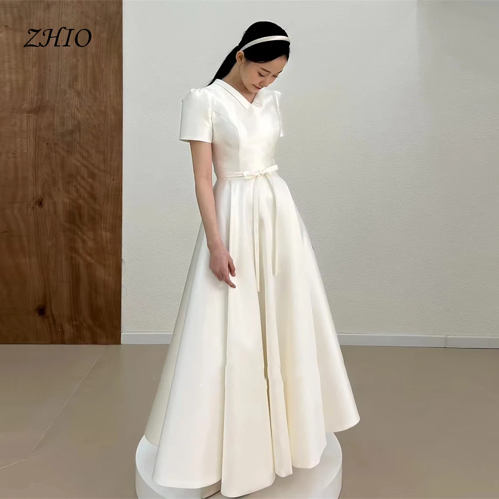 ZHIO Exquisite Korean Style Satin Garden Elegant Customized Wedding Dress A-Line Short Sleeve Elegant Bridal Gowns 프종드레스