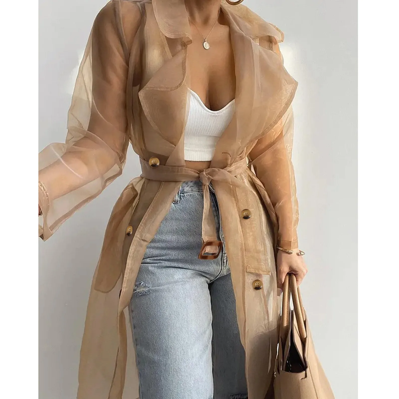 Fashion Cool Mesh Transparent Trench Coat Women's 2024 New Lace-up Sunscreen Shirt Net Yarn Long Shirt Thin Coat With Belt