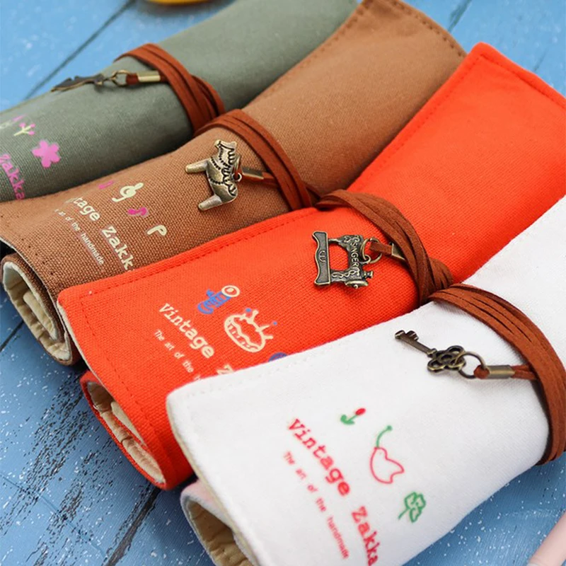 Cotton And Linen Retro Rolled Pencil Case Creative Colourful Student Canvas Stationery Bag Kawaii Student Supplies