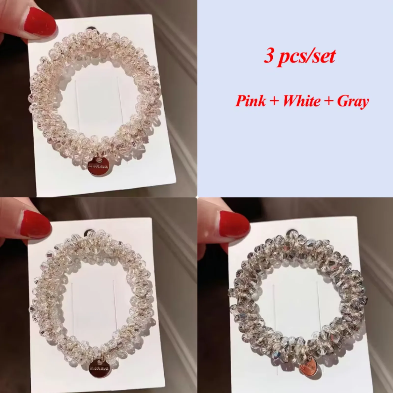 3 teile/satz Kristall Perle Perlen Elastische Bands Scrunchies Haar Zubehör Frauen Pferdeschwanz Halter Kopfbedeckungen – Detail 2